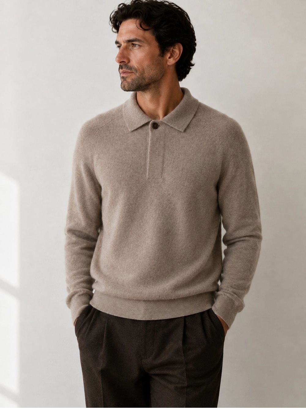For The Republic 100% Cashmere Polo Sweater Taupe Brown Size L